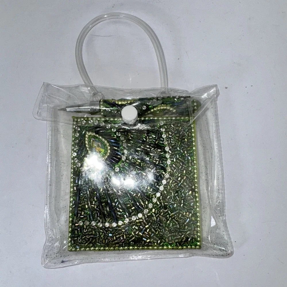 Pier 1 Mini Notebook Green Peacock Sequined With Mini Pen and Plastic Bag